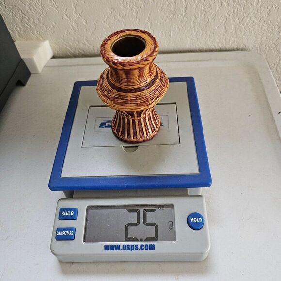 Shanghai Handicrafts Miniature Vase Woven Wicker Rattan Bamboo Basket Vtg Label - Picture 9 of 9